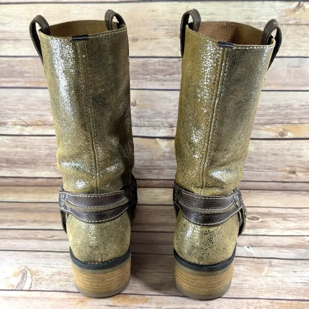 Sbicca Womens Distressed Metallic Gold & Brown Leather Ozark Moto Boots 9